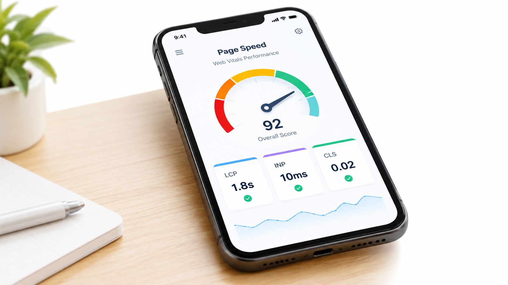 A smartphone screen displaying a website performance dashboard with a page speed score of 92.