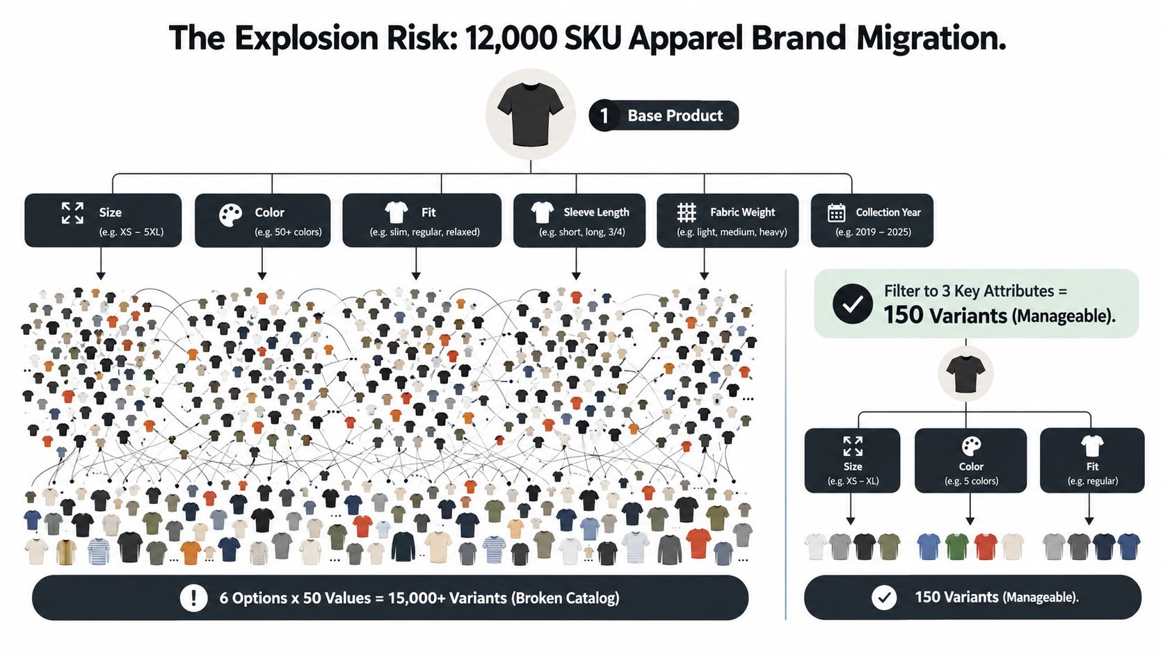 An infographic illustrating how apparel brand SKU migration can cause catalog explosion risks and management solutions.