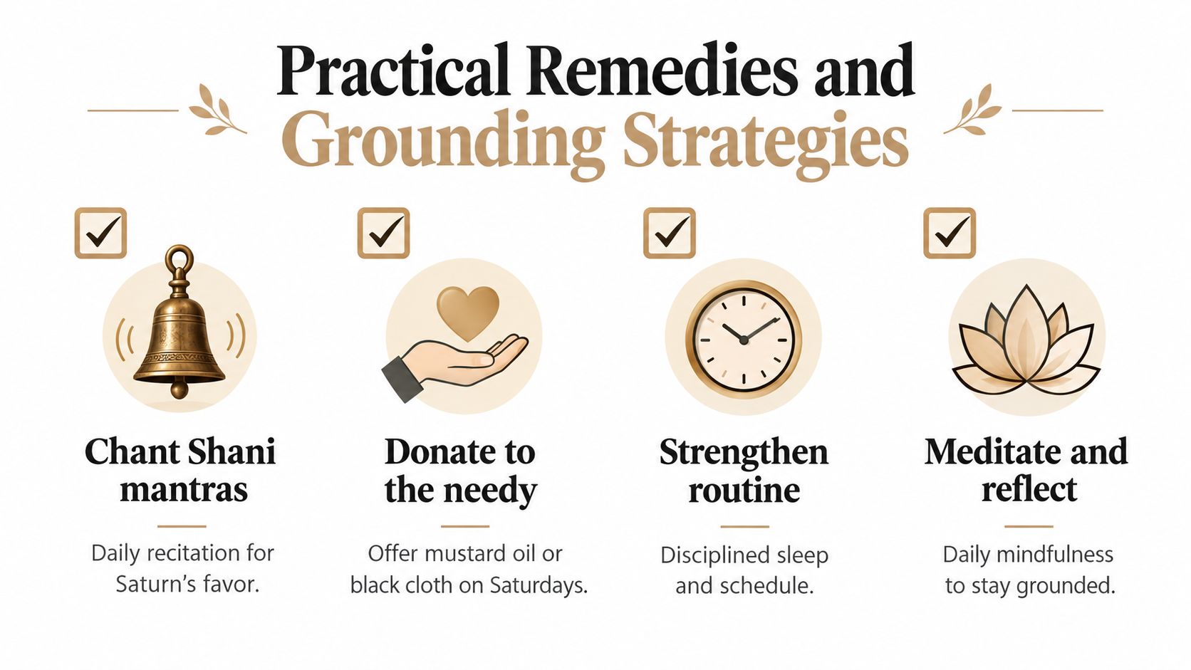 An infographic titled Practical Remedies and Grounding Strategies featuring tips like chanting, donating, scheduling, and meditation.