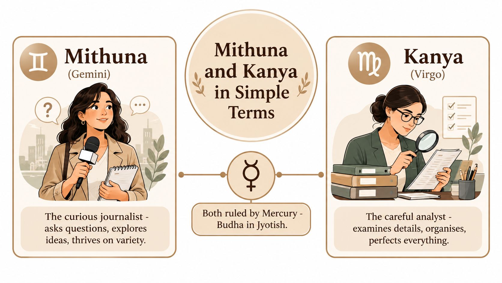 An infographic comparing the astrological signs Gemini and Virgo, both ruled by the planet Mercury.
