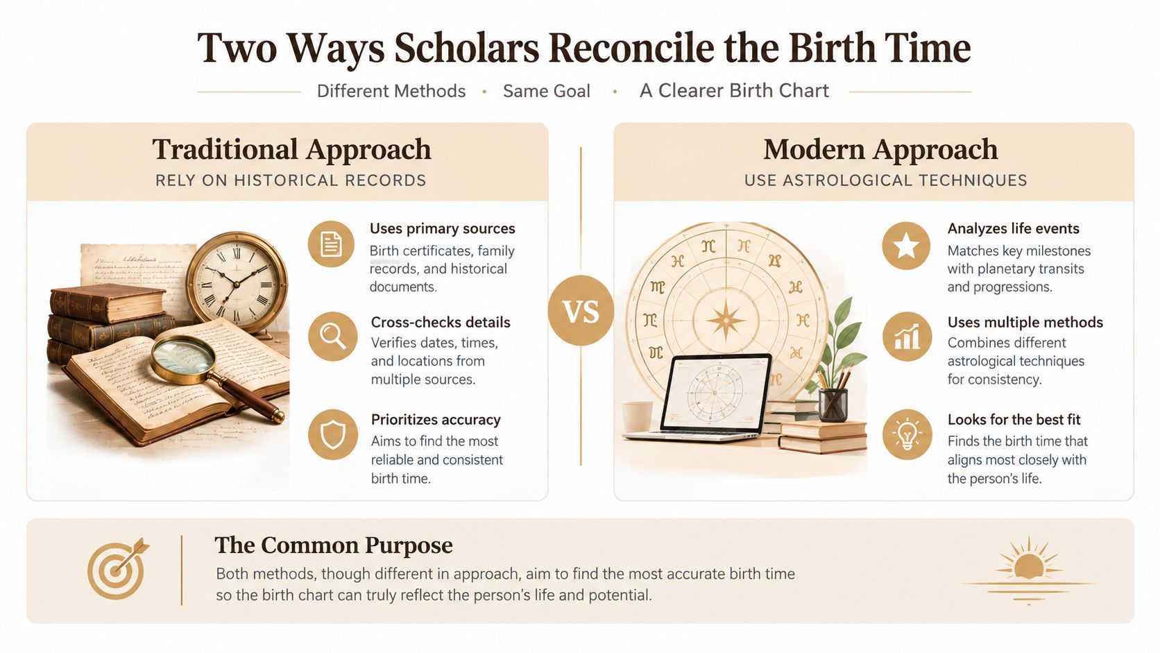 A comparative infographic showing the traditional and modern methods used by scholars to determine birth time.