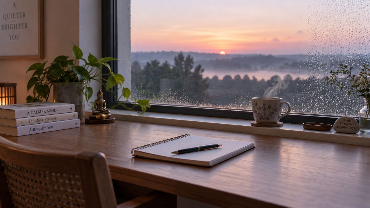 A cozy wooden desk by a rainy window overlooking a misty sunrise with coffee and a notebook.