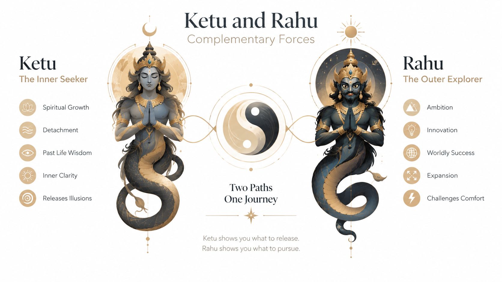 An infographic illustrating the complementary relationship between Ketu the Inner Seeker and Rahu the Outer Explorer.