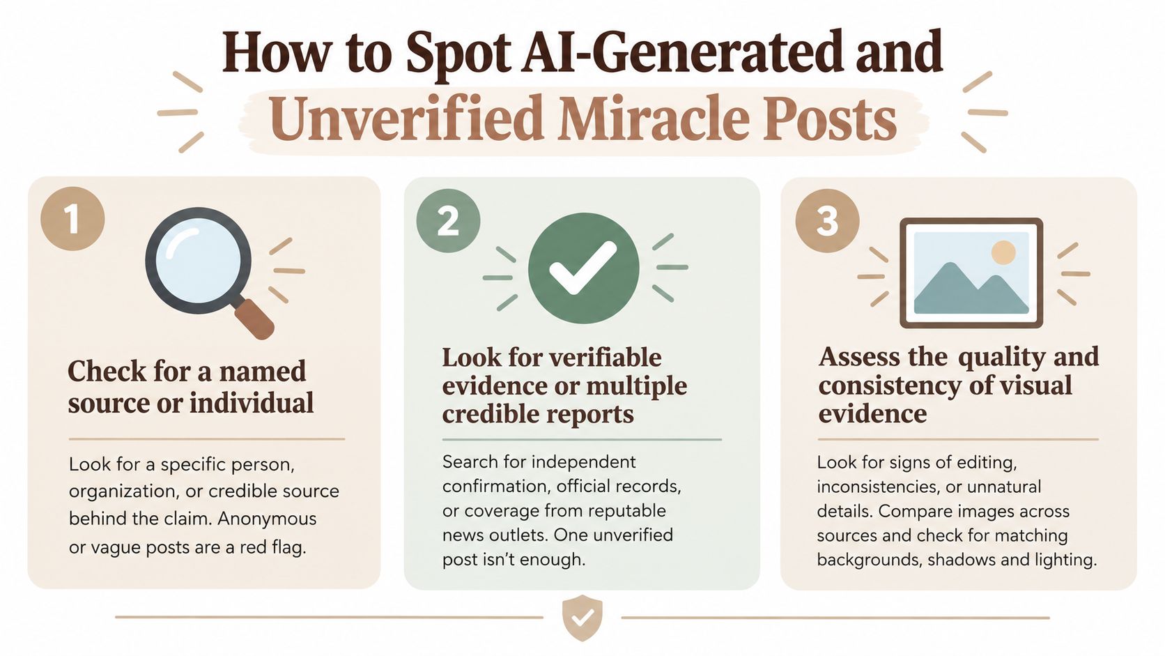 A three-step infographic on how to identify AI-generated and unverified misinformation or miracle-themed social media posts.