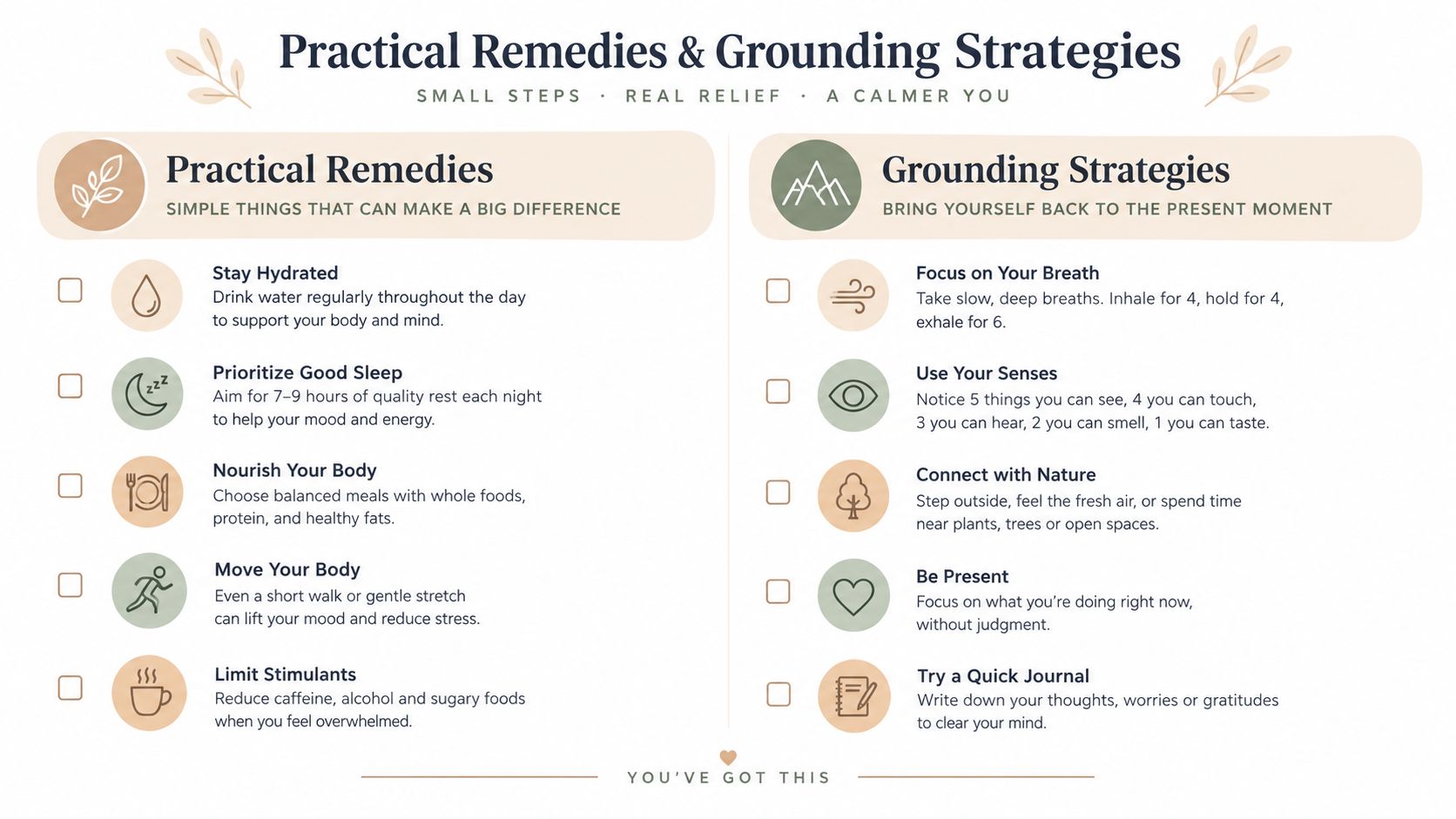A wellness infographic providing a checklist of practical remedies and grounding strategies for mental health and well-being.