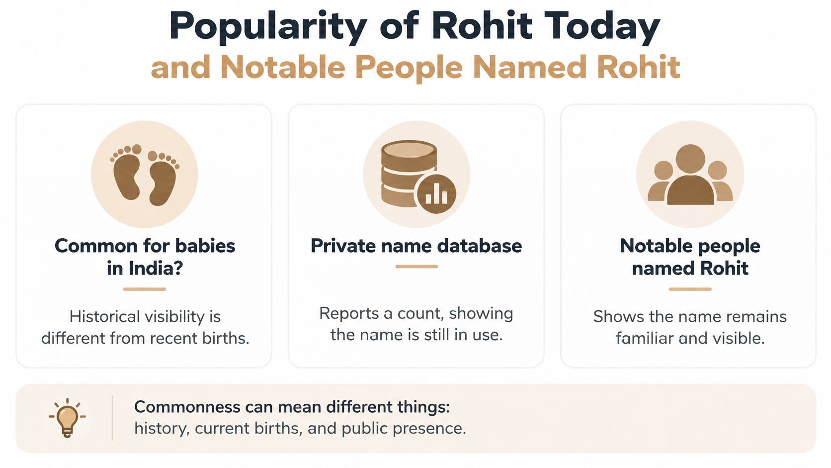 An infographic titled Popularity of Rohit Today, detailing perspectives on the name's prevalence and public presence.