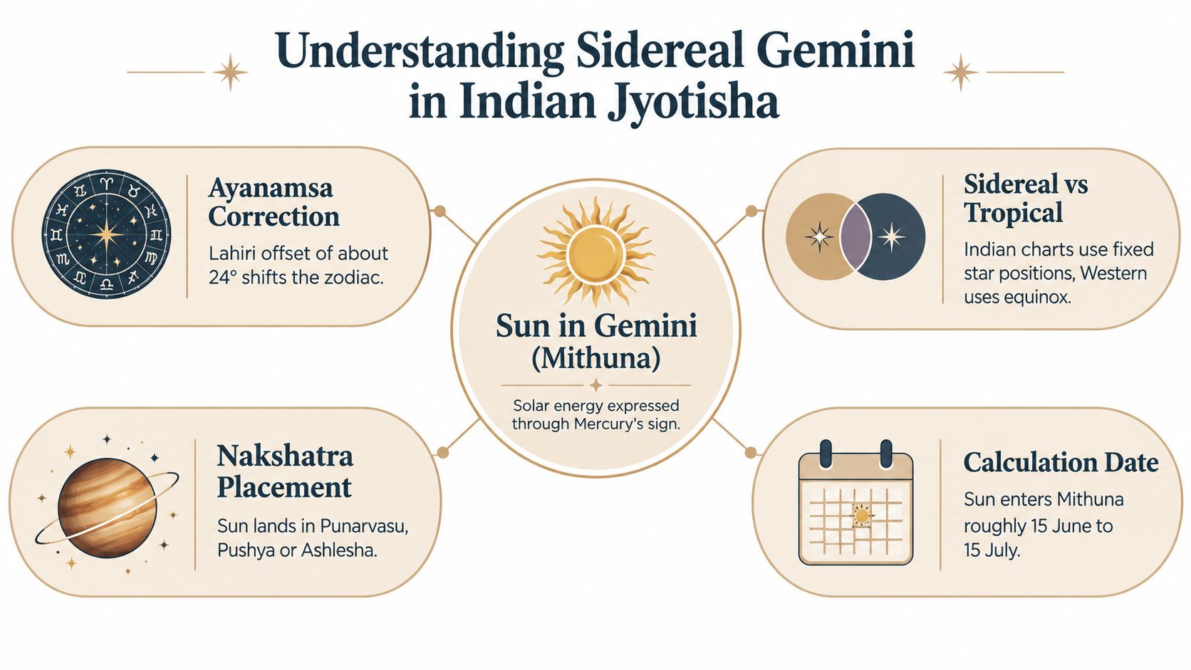 An infographic explaining the Sidereal Gemini sign in Indian Jyotisha, including astronomical calculations and calendar dates.