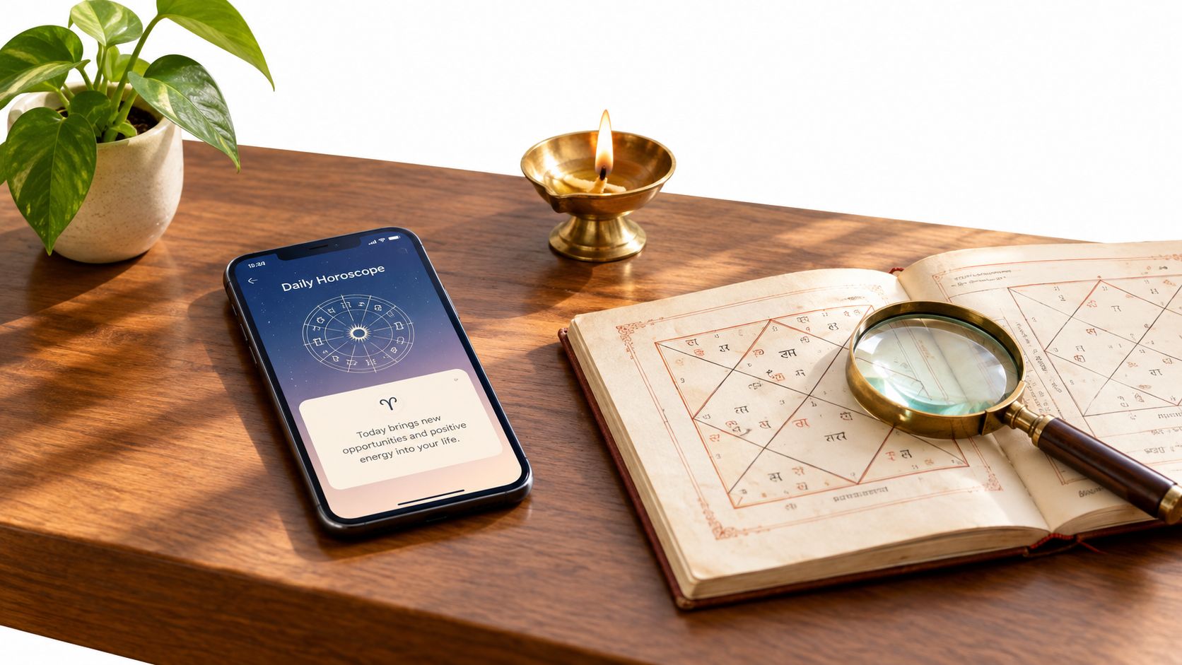 A smartphone showing a daily horoscope app beside an open astrology book with a magnifying glass.