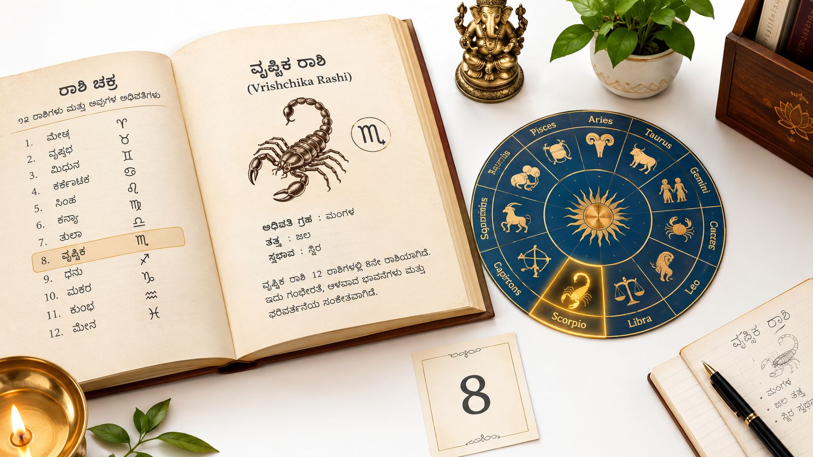 A book open to the Vrishchika Rashi Scorpio page, with a zodiac wheel and pen nearby.
