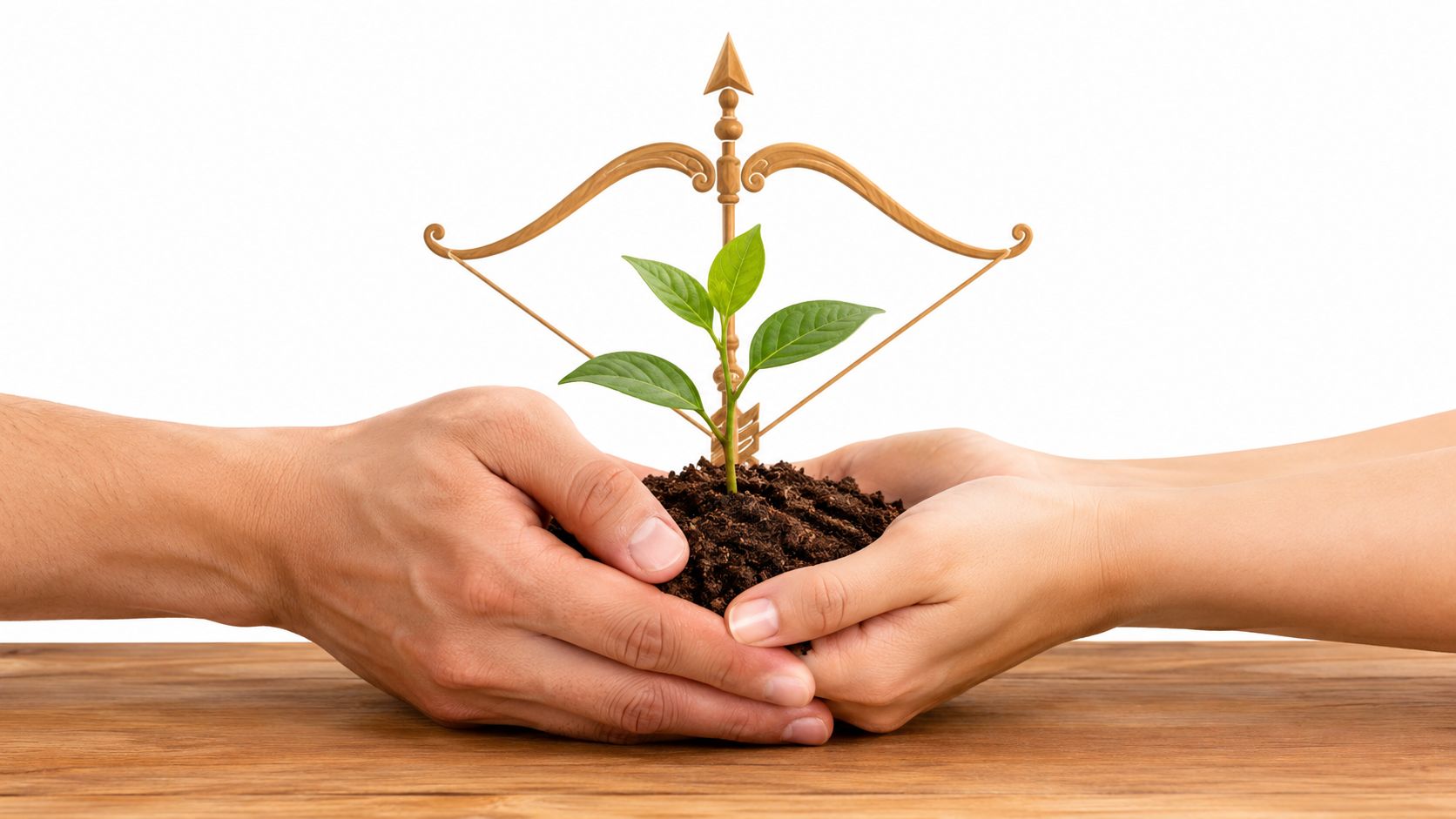 Two hands cupped together holding a small green plant growing from soil with a wooden bow icon.