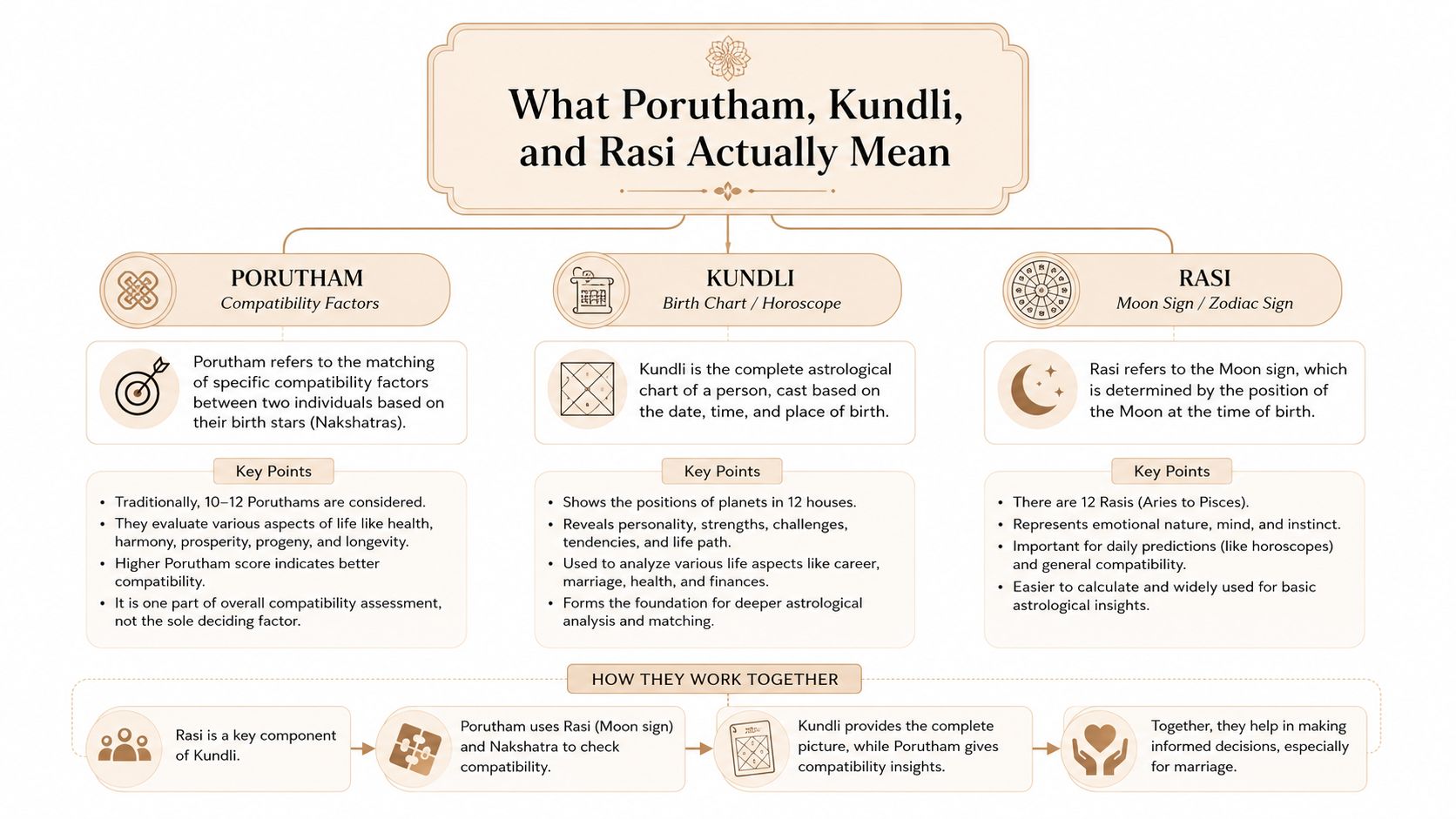 An infographic explaining the differences between Porutham, Kundli, and Rasi in Vedic astrology.