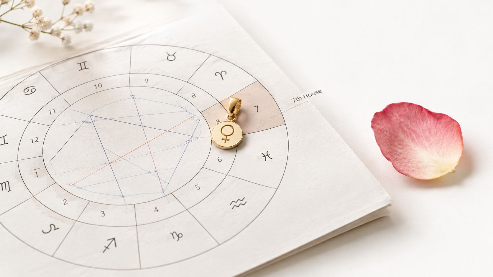A golden Venus symbol pendant rests on a paper astrology wheel, highlighting the seventh house of marriage.