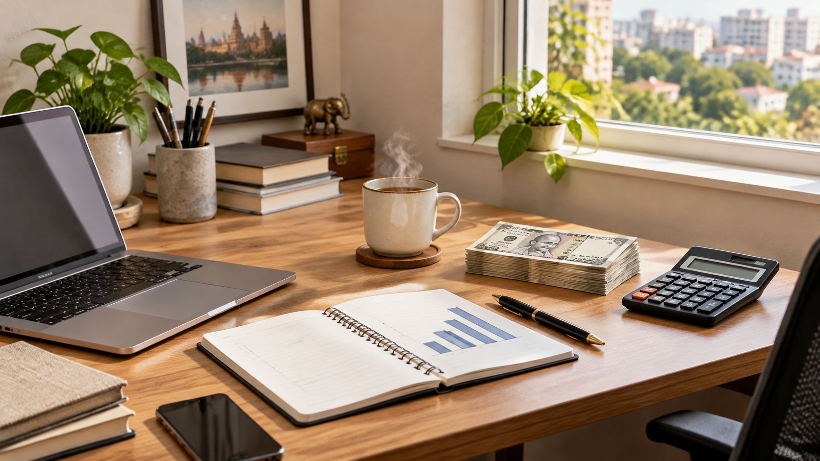A wooden office desk with a laptop, calculator, a stack of Indian rupee notes, and a notebook.