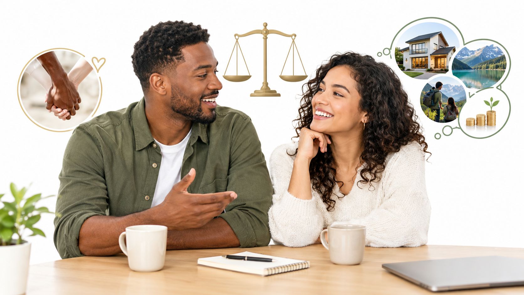 A happy couple sitting at a table discussing their future together, including home, travel, and financial goals.