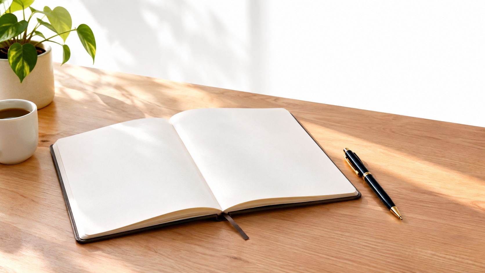 An open notebook with blank pages on a wooden desk with a pen, coffee, and plant.