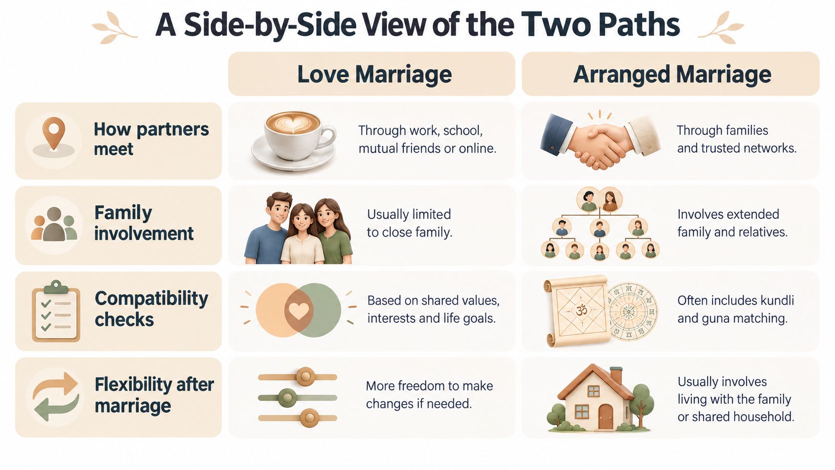 A comparison chart showing key differences between love marriage and arranged marriage across four categories.