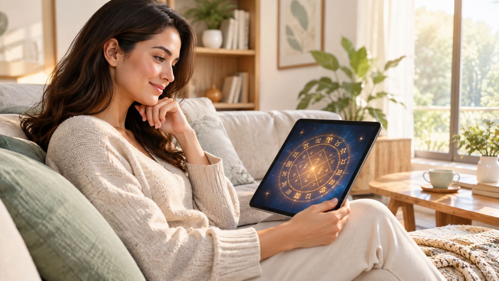 A woman sits on a sofa, looking at a digital astrology chart displayed on her tablet.