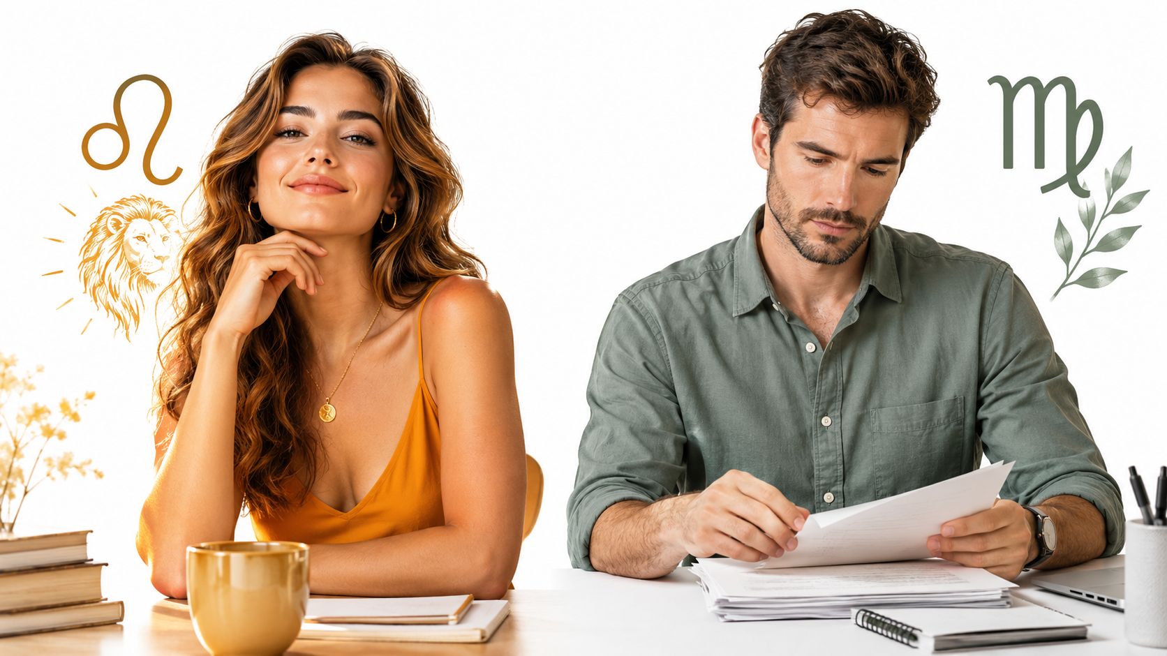 A woman representing the Leo zodiac sign and a man representing the Virgo zodiac sign working.