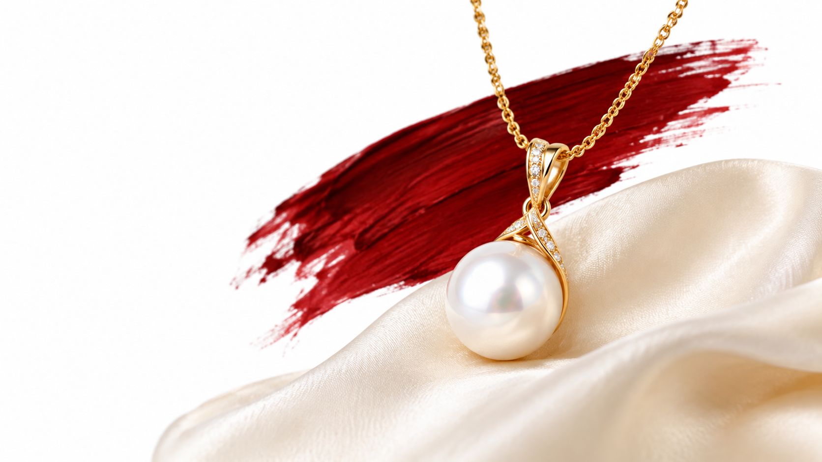 A luxurious pearl pendant on a gold chain resting gracefully on beige silk fabric with red paint strokes.