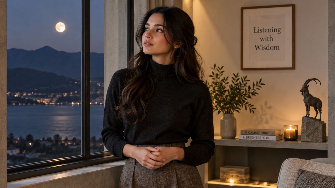 A contemplative woman standing by a large window overlooking a scenic lake under a full moon night.