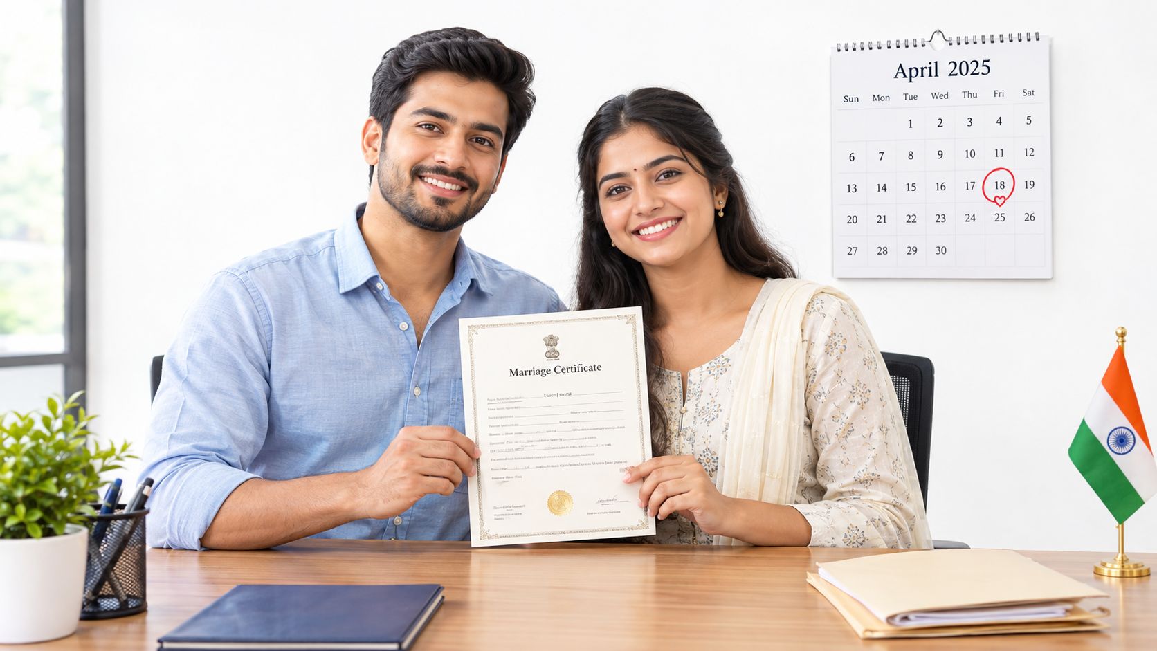 A happy young couple smiling while holding their official Indian marriage certificate at a desk in office.