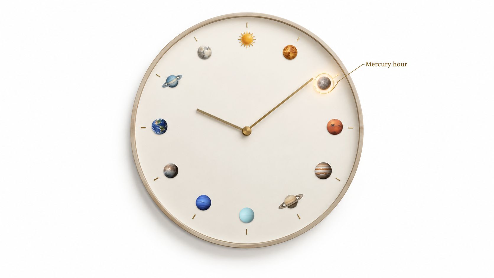 A modern wall clock featuring solar system planets as hour markers with a glowing Mercury indicator.