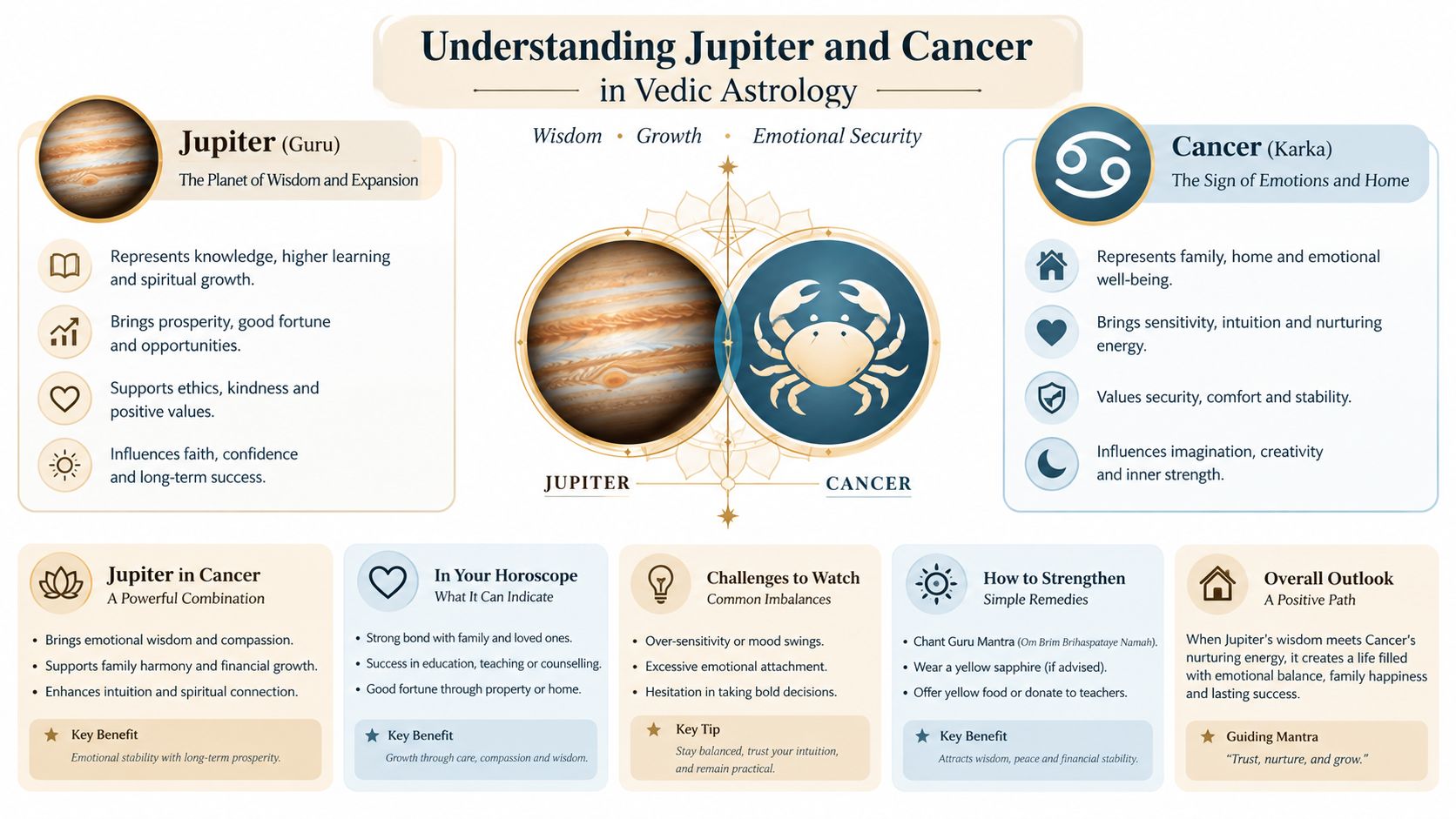 An infographic titled Understanding Jupiter and Cancer in Vedic Astrology illustrating the cosmic influence of these energies.