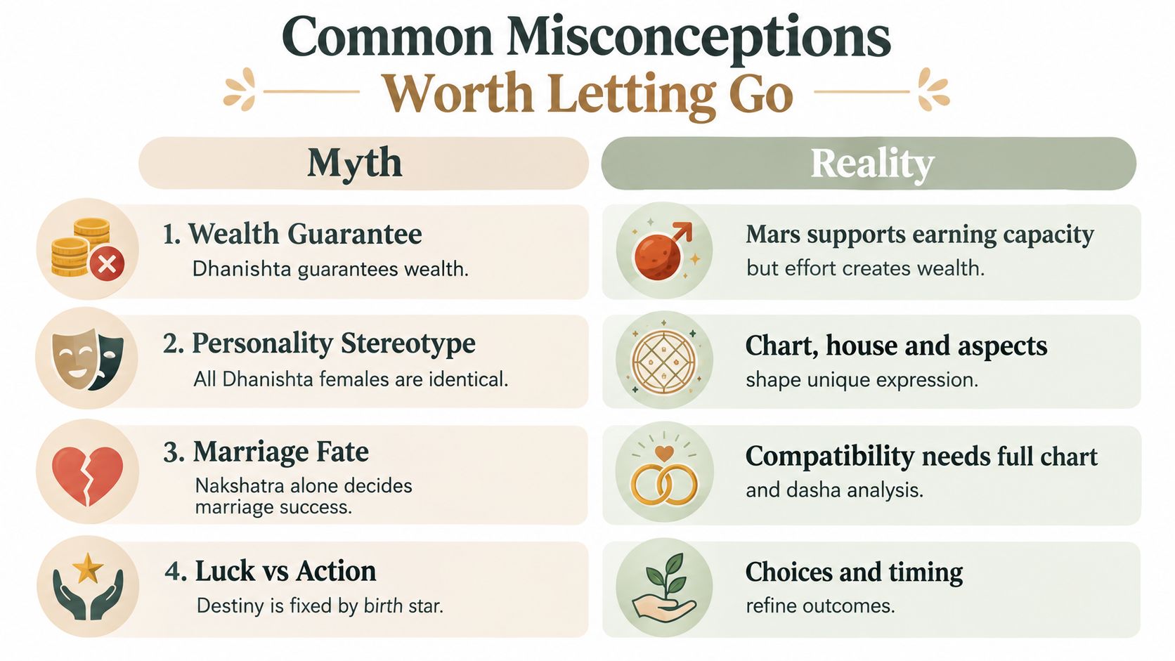 A table comparing common myths and realities about the Dhanishta Nakshatra in Vedic astrology.