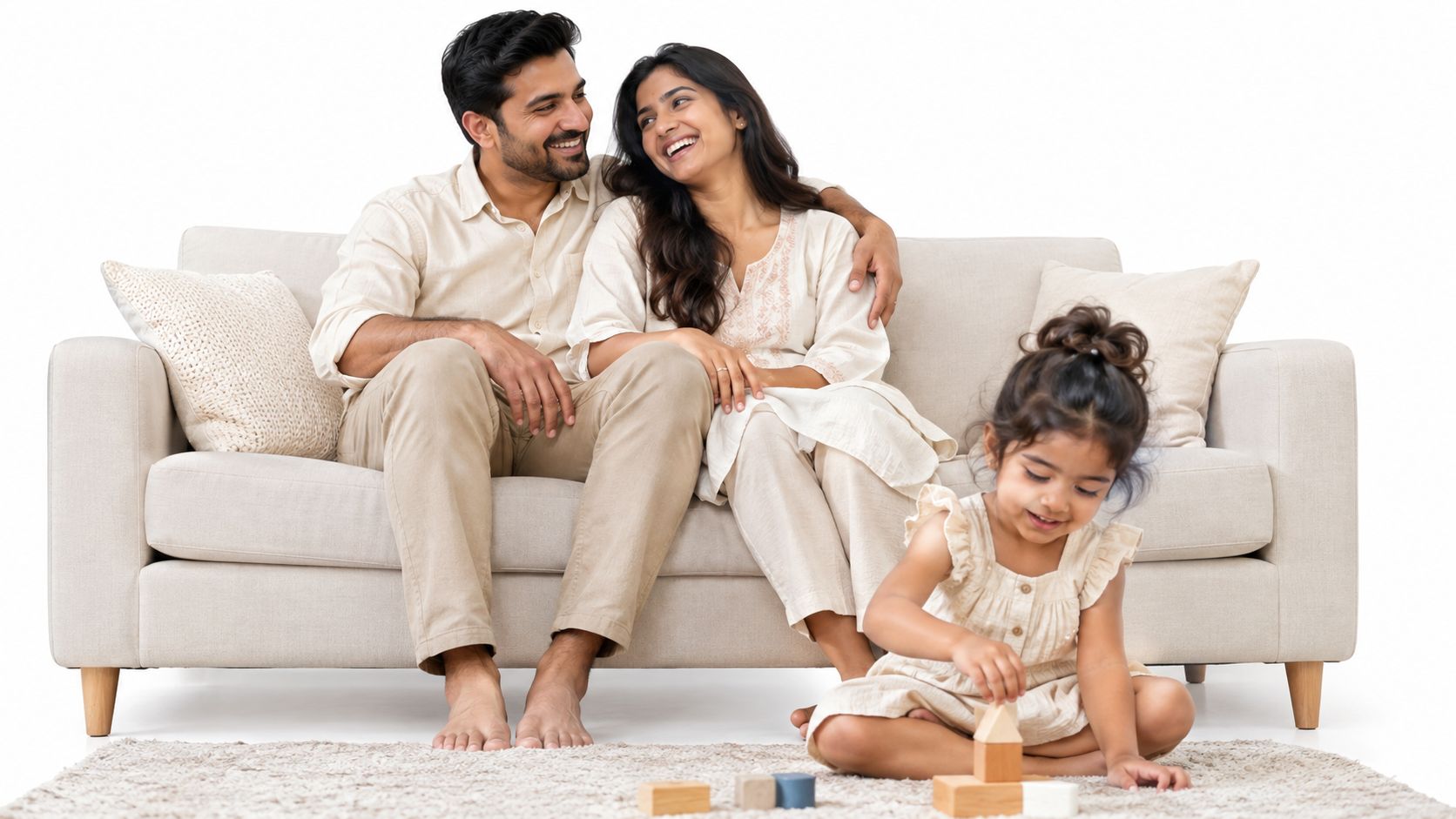 A happy Indian family sitting on a couch in a cozy living room with their daughter playing