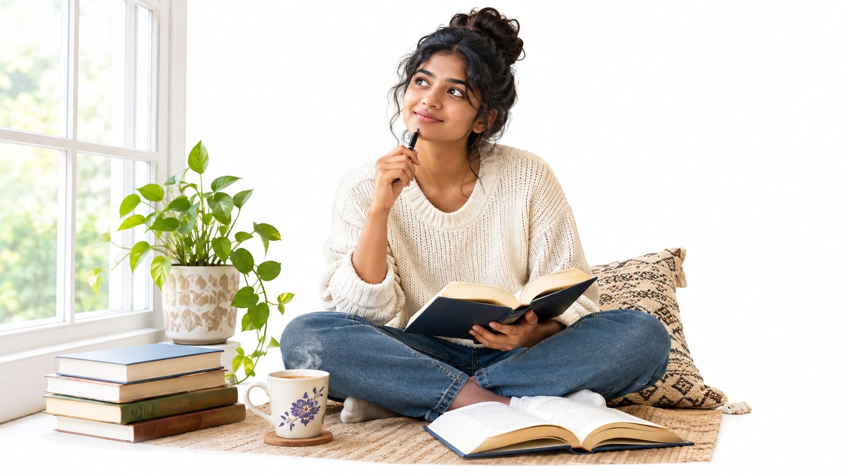 A young woman sits thoughtfully by a sunny window with books and a steaming cup of tea.
