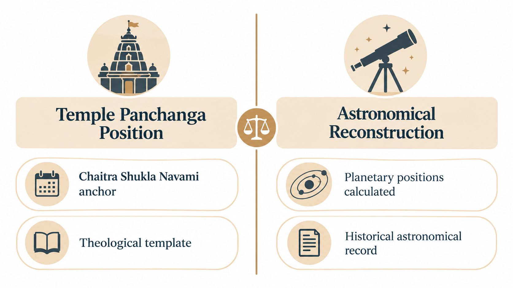 A comparison chart contrasting the Temple Panchanga position with astronomical reconstruction for historical dating.