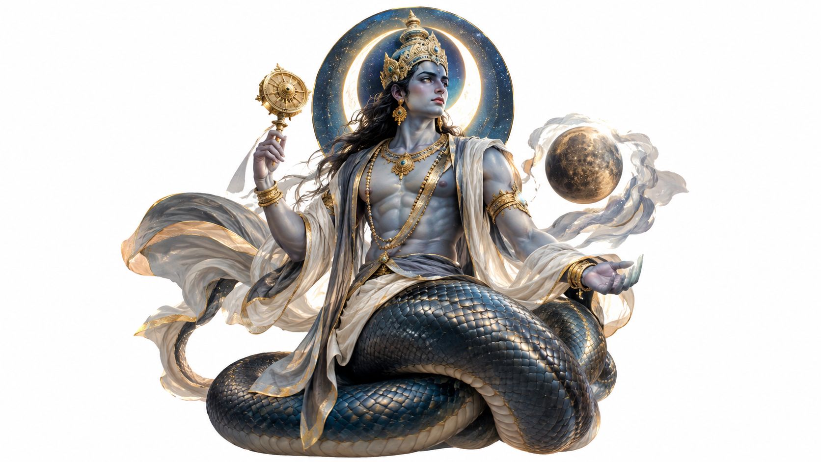 A digital illustration of the Hindu deity Ketu with a human upper body and a serpent tail.
