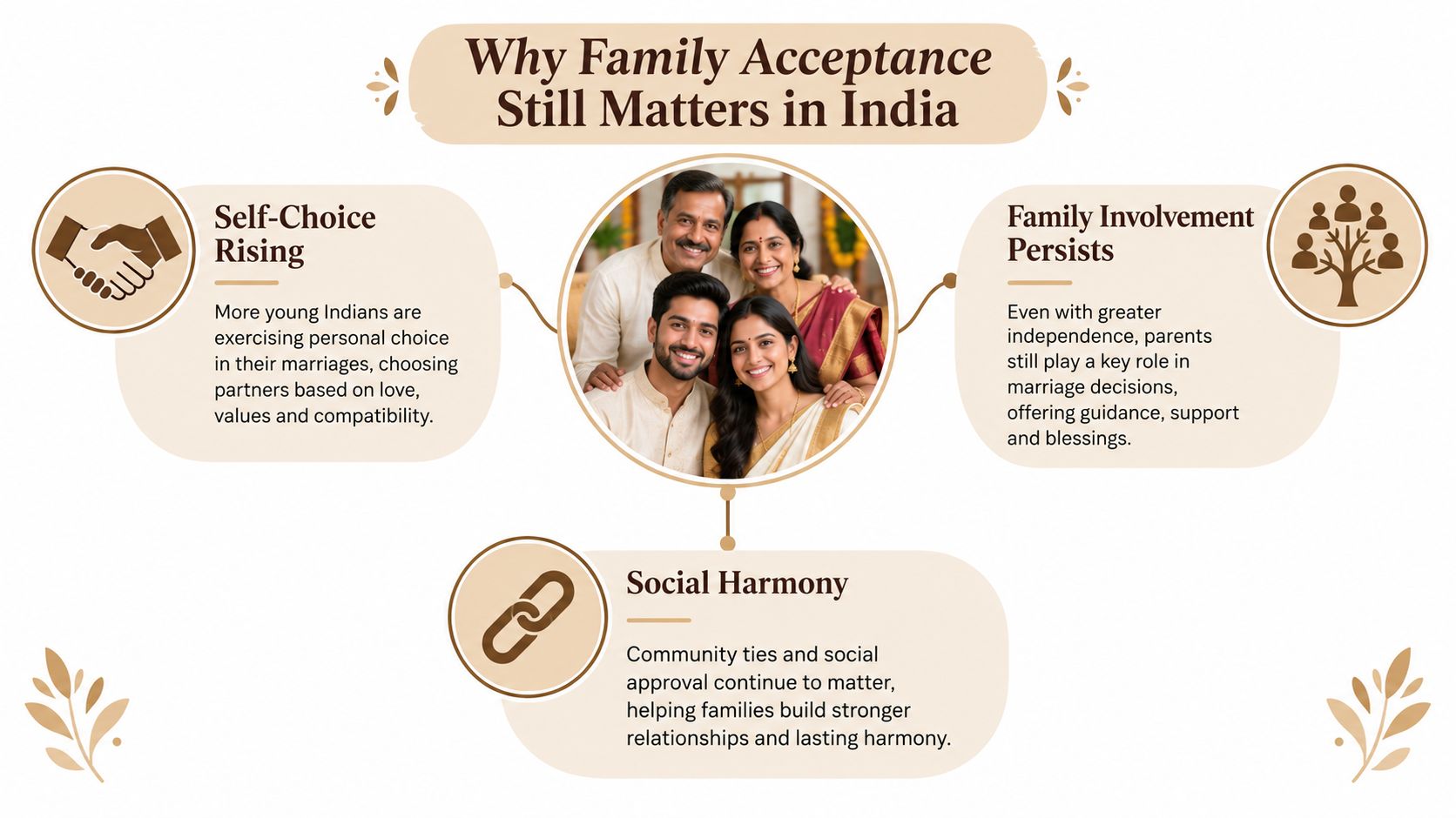 An infographic titled Why Family Acceptance Still Matters in India featuring a happy Indian family portrait.
