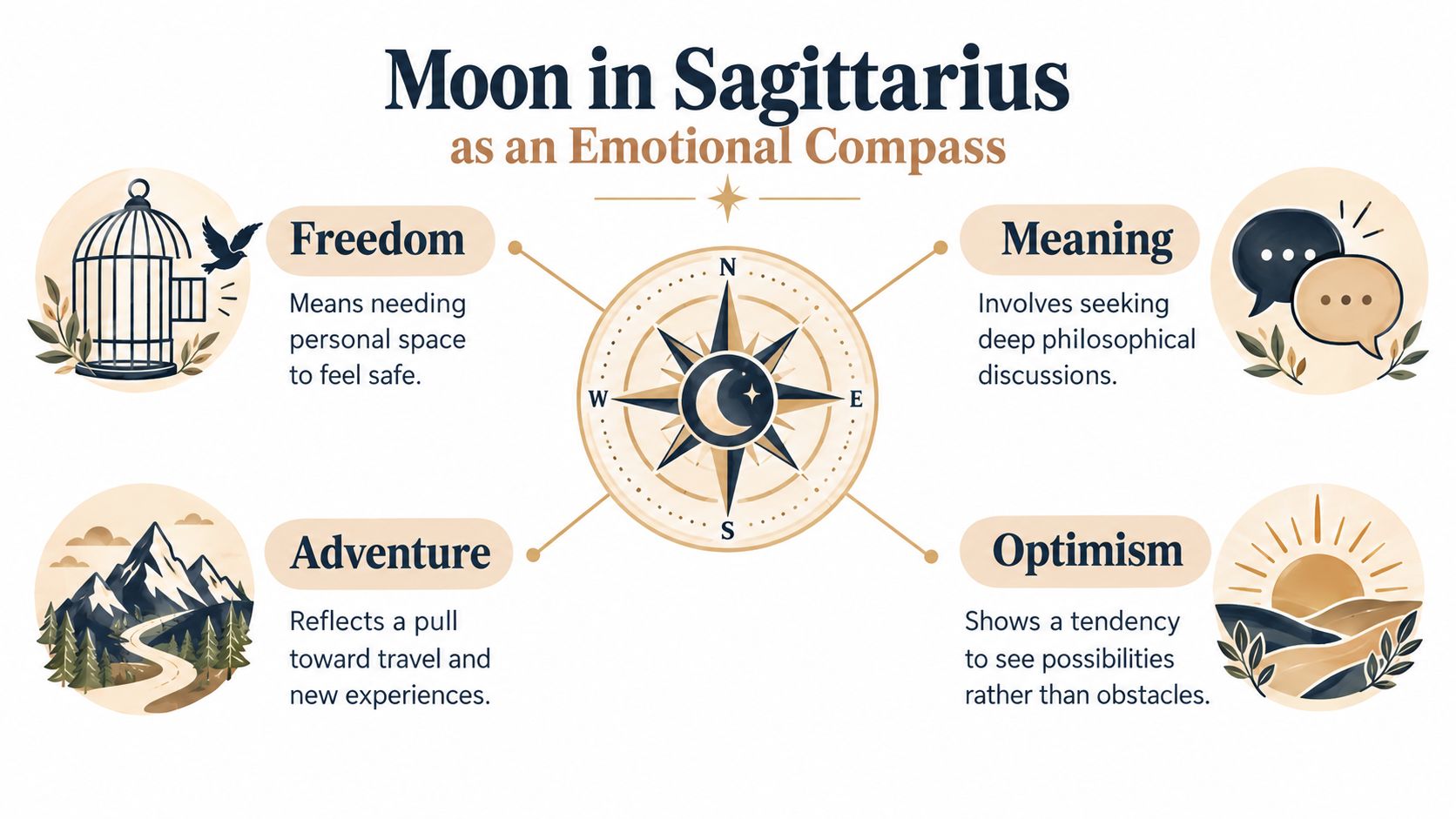 A graphic illustration explaining Moon in Sagittarius traits, focusing on freedom, adventure, meaning, and optimism using compass imagery.