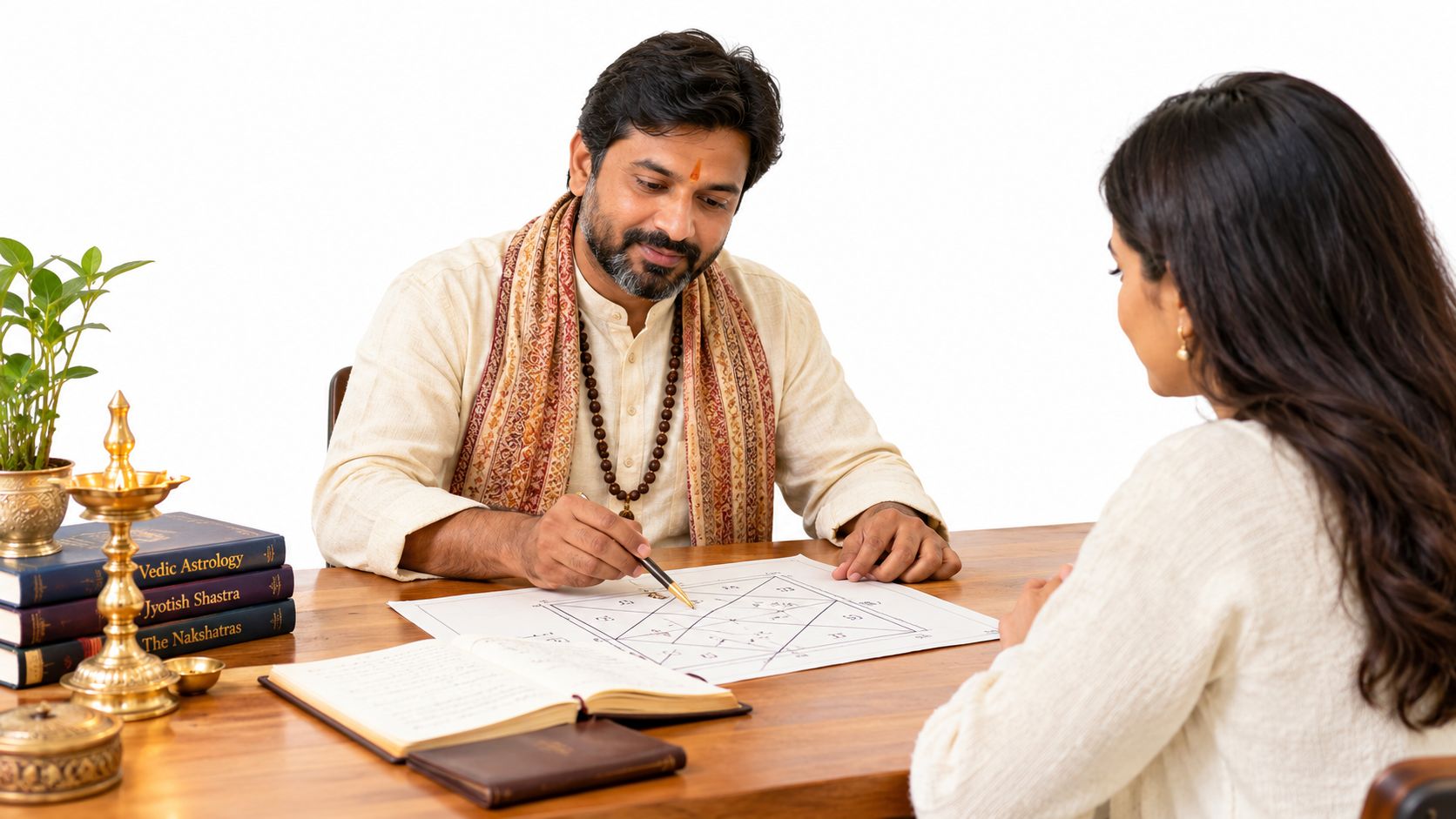 A Vedic astrologer with a beard and shawl explains a birth chart to a woman sitting opposite.