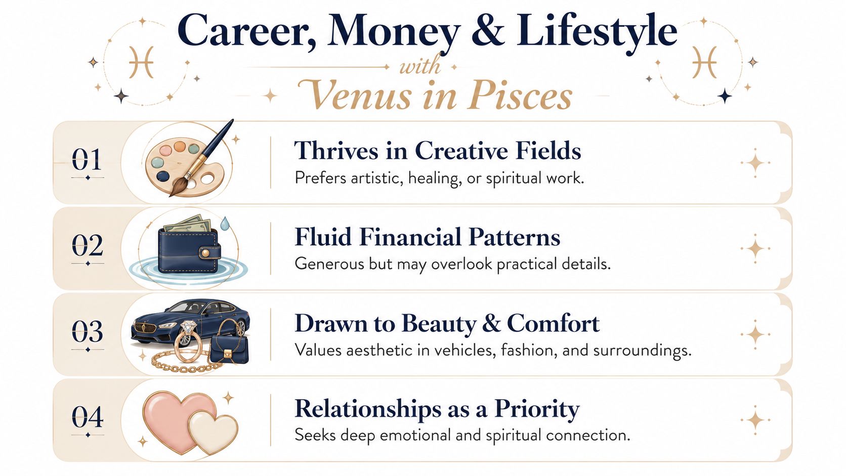 A descriptive infographic titled Career, Money and Lifestyle with Venus in Pisces highlighting four key personality traits.