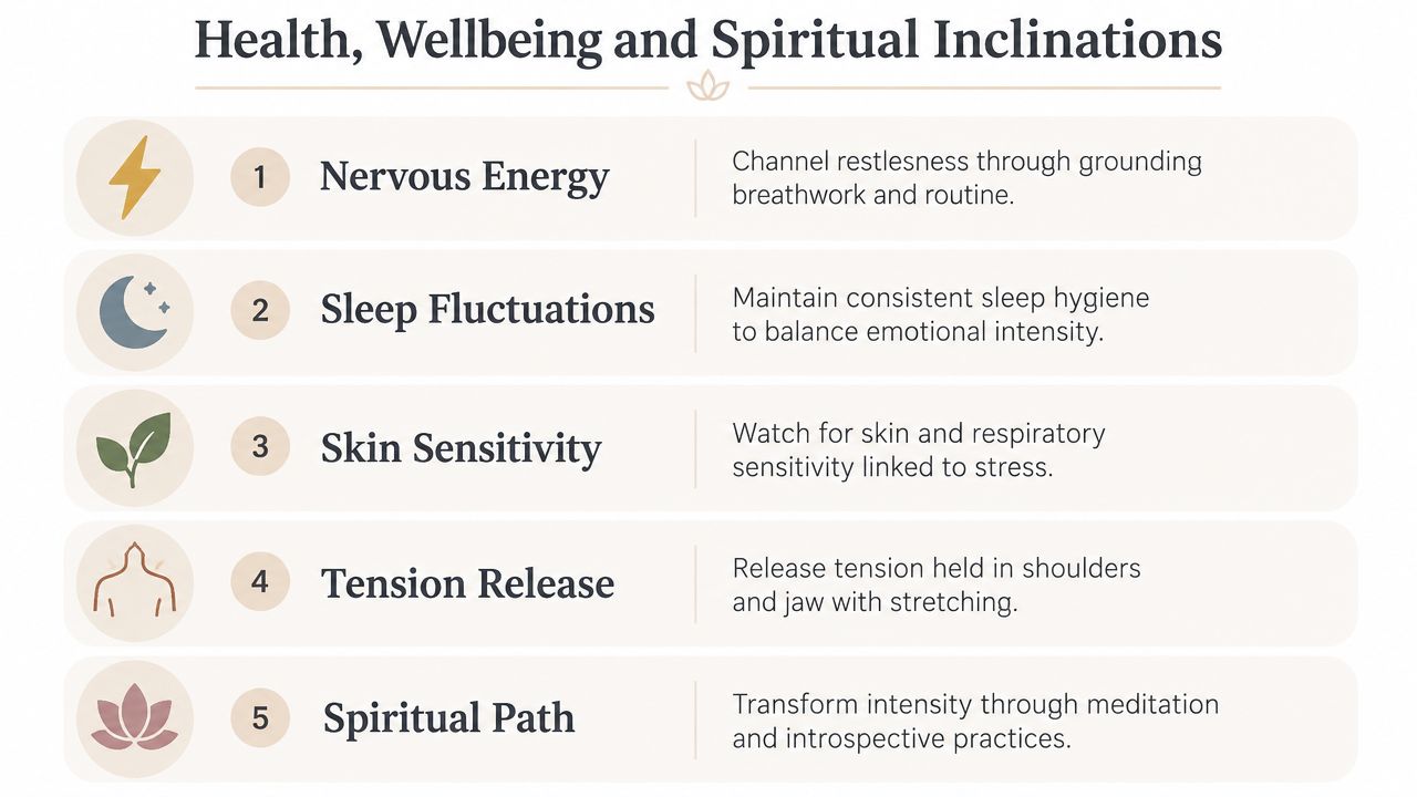 A wellness infographic titled Health, Wellbeing and Spiritual Inclinations featuring five numbered tips for emotional balance.