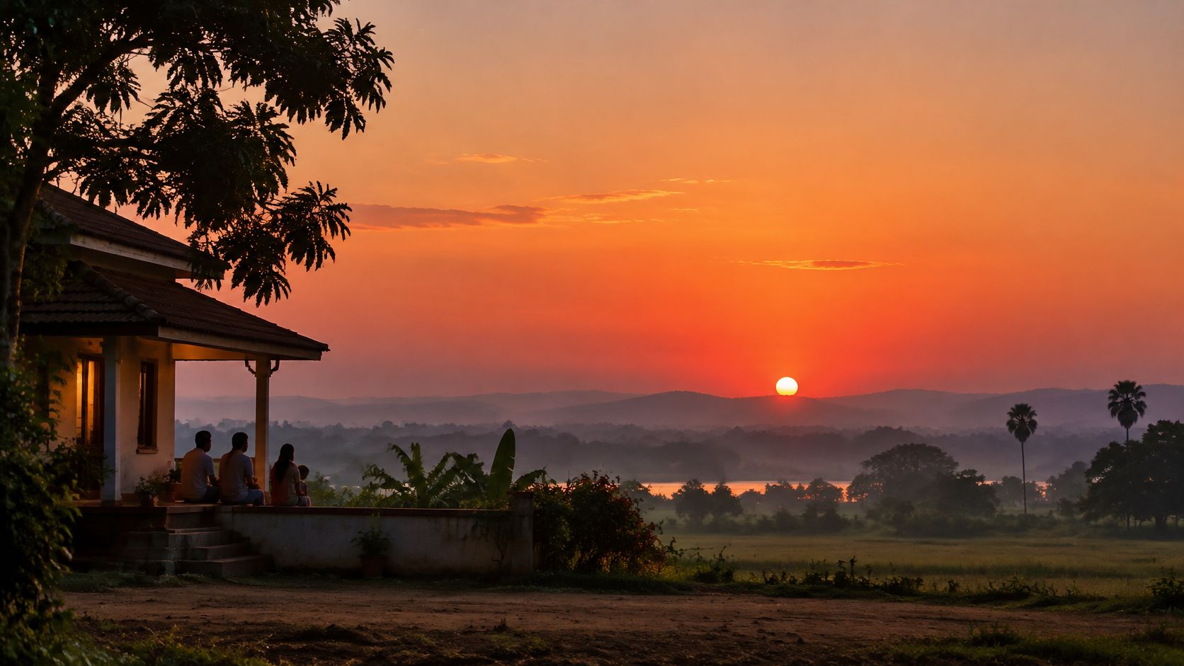 A family sits on the porch of a rural home watching a beautiful sunset over distant hills.