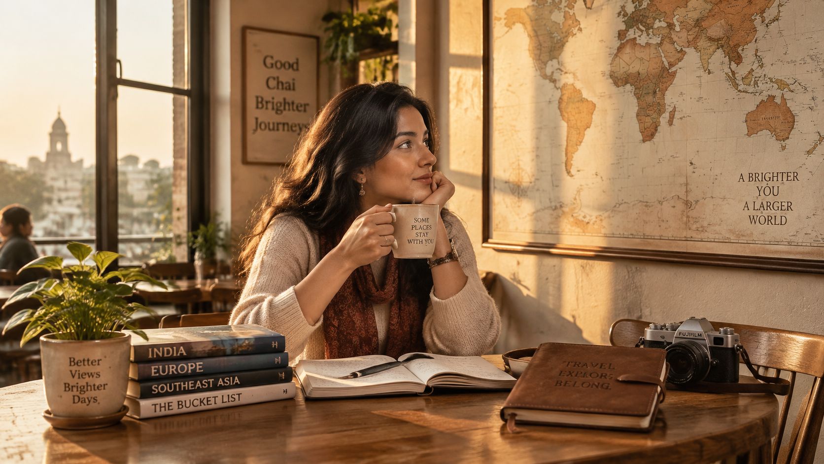 A young woman sits at a wooden table, drinking coffee and looking out a window near a map.