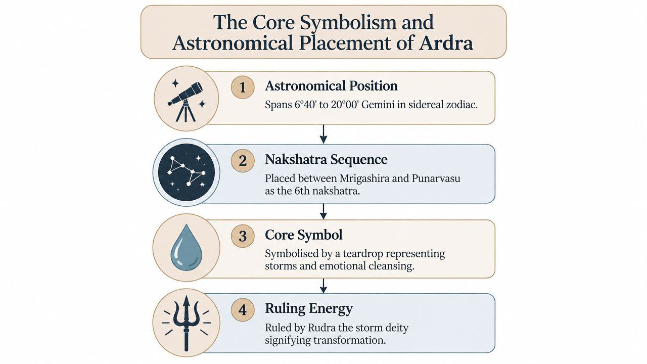 An infographic detailing the astronomical position, sequence, core symbol, and ruling energy of the Ardra Nakshatra.