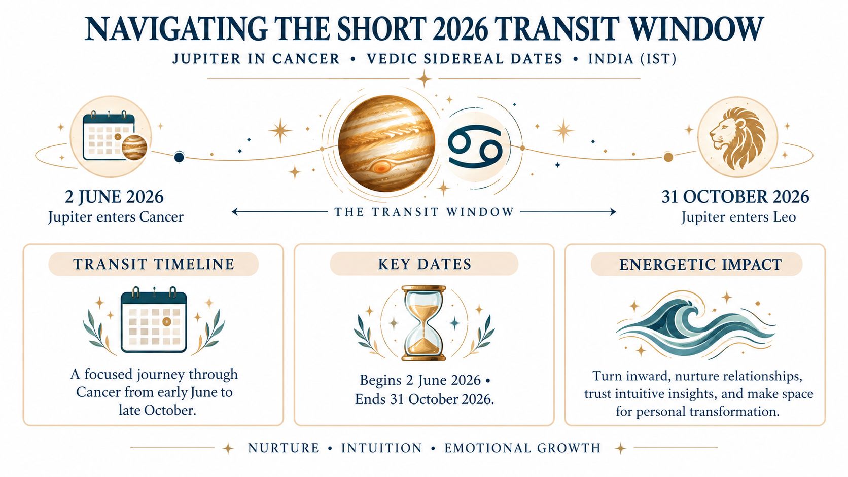 A visual infographic detailing the Vedic sidereal transit of Jupiter in Cancer from June to October 2026.