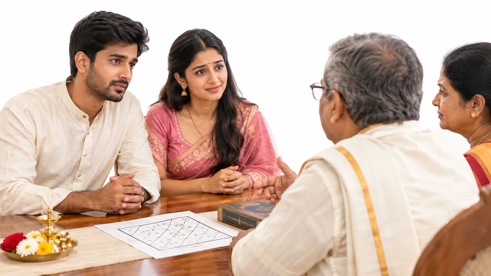 An Indian couple sitting at a table with an elderly couple while discussing a kundali chart.