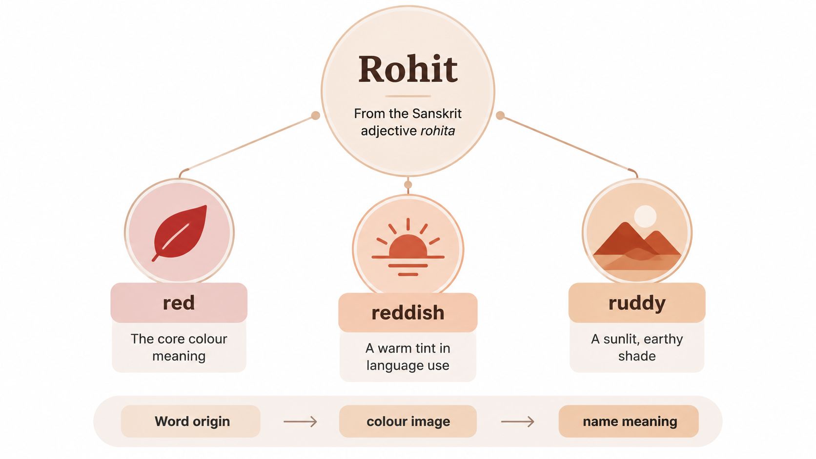 A visual diagram explaining the name Rohit, originating from Sanskrit, representing red, reddish, and ruddy color meanings.