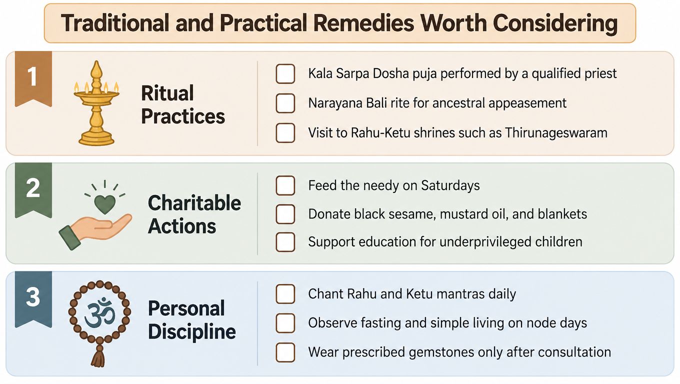 A list of traditional and practical remedies for Kalasarpa Dosha, organized into rituals, charitable actions, and personal discipline.
