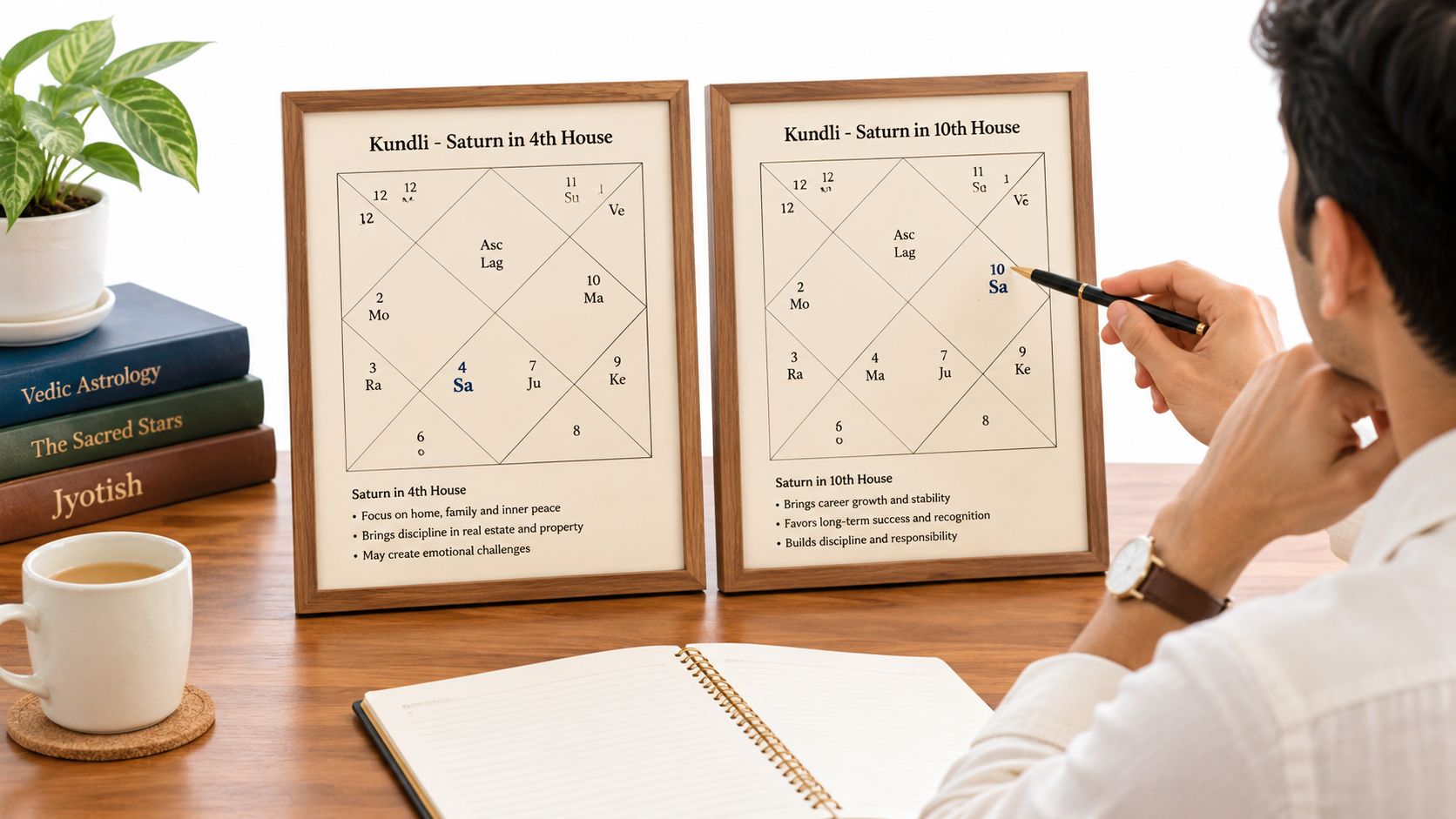 A person analyzing two Kundli astrological charts showcasing Saturn positions in the 4th and 10th houses.