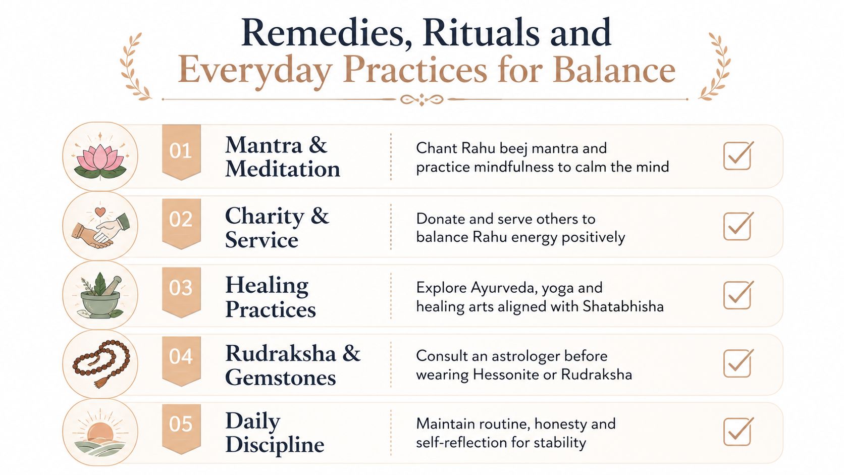A list of five spiritual remedies and practices for balancing Rahu energy in Shatabhisha Nakshatra.
