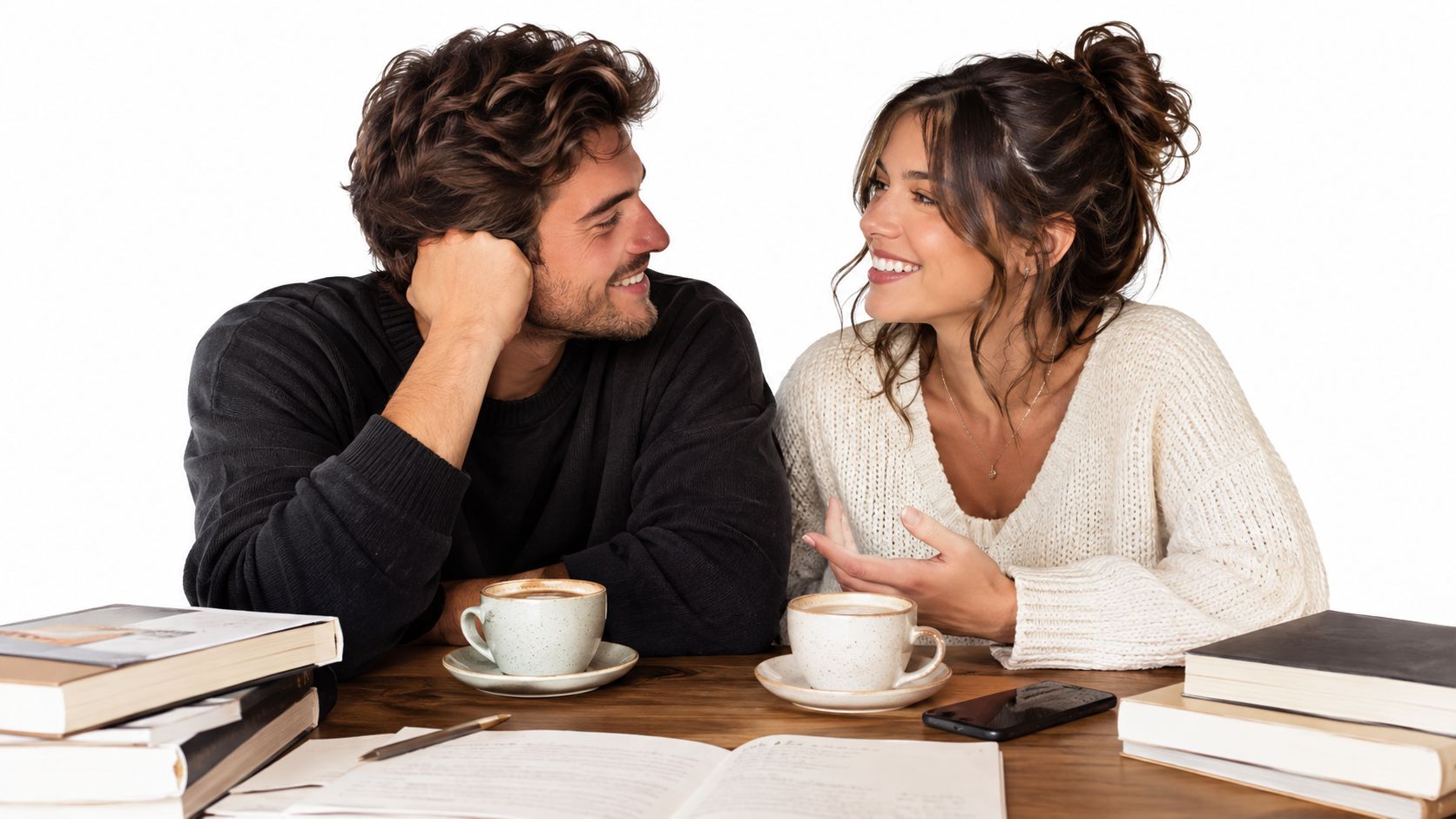 A couple smiling and talking warmly while studying together at a desk with books and coffee.
