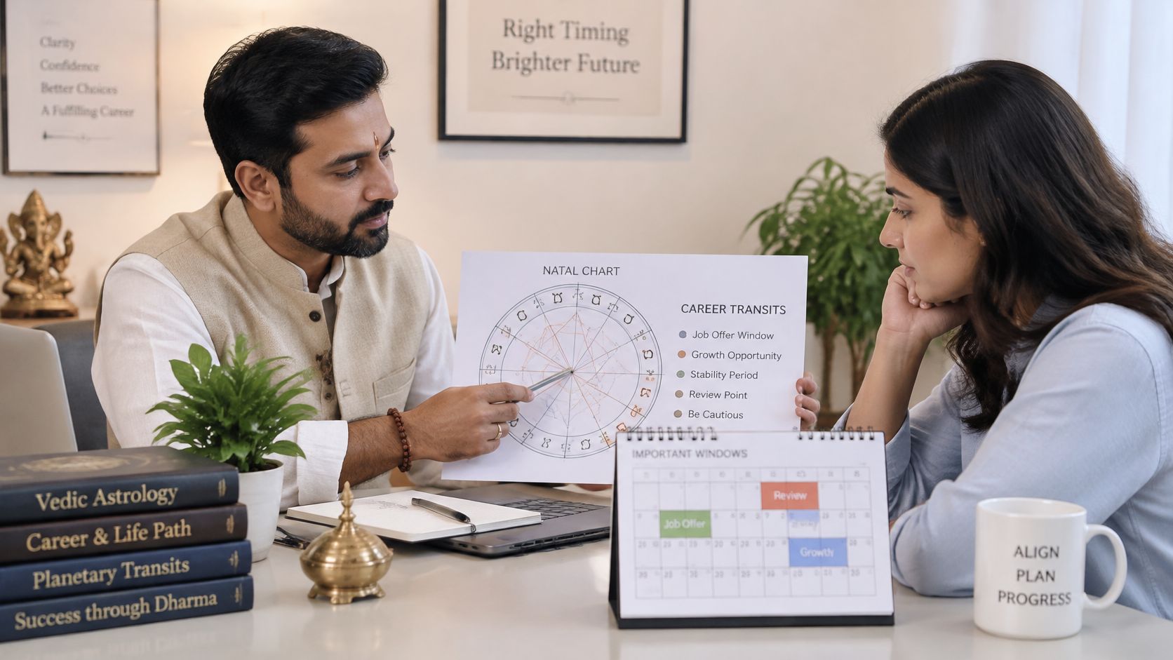 An astrologer consults with a woman, explaining career trends using a natal chart and calendar.