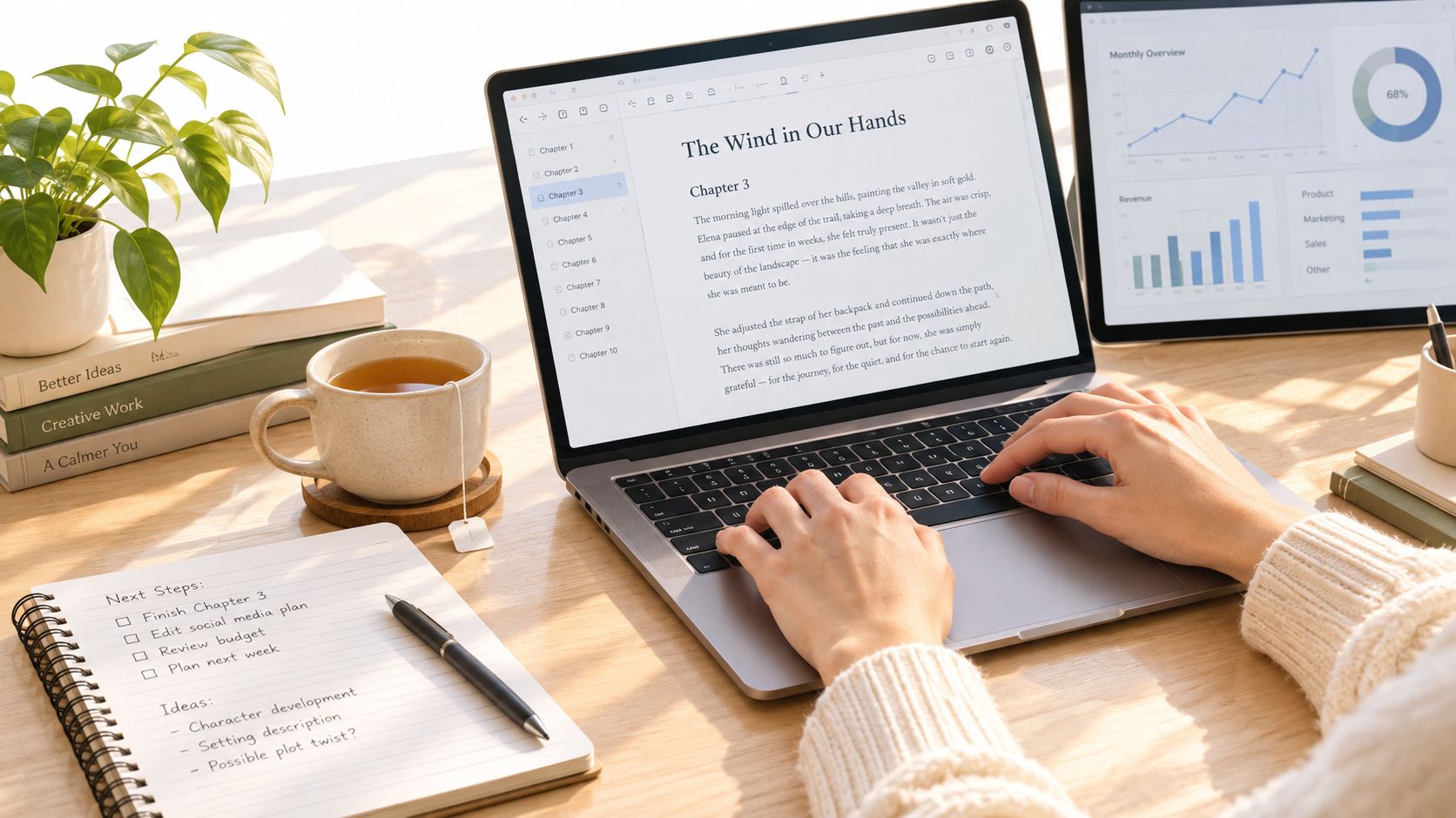 A person typing on a laptop with a creative workspace featuring a book, notebook, and digital charts.