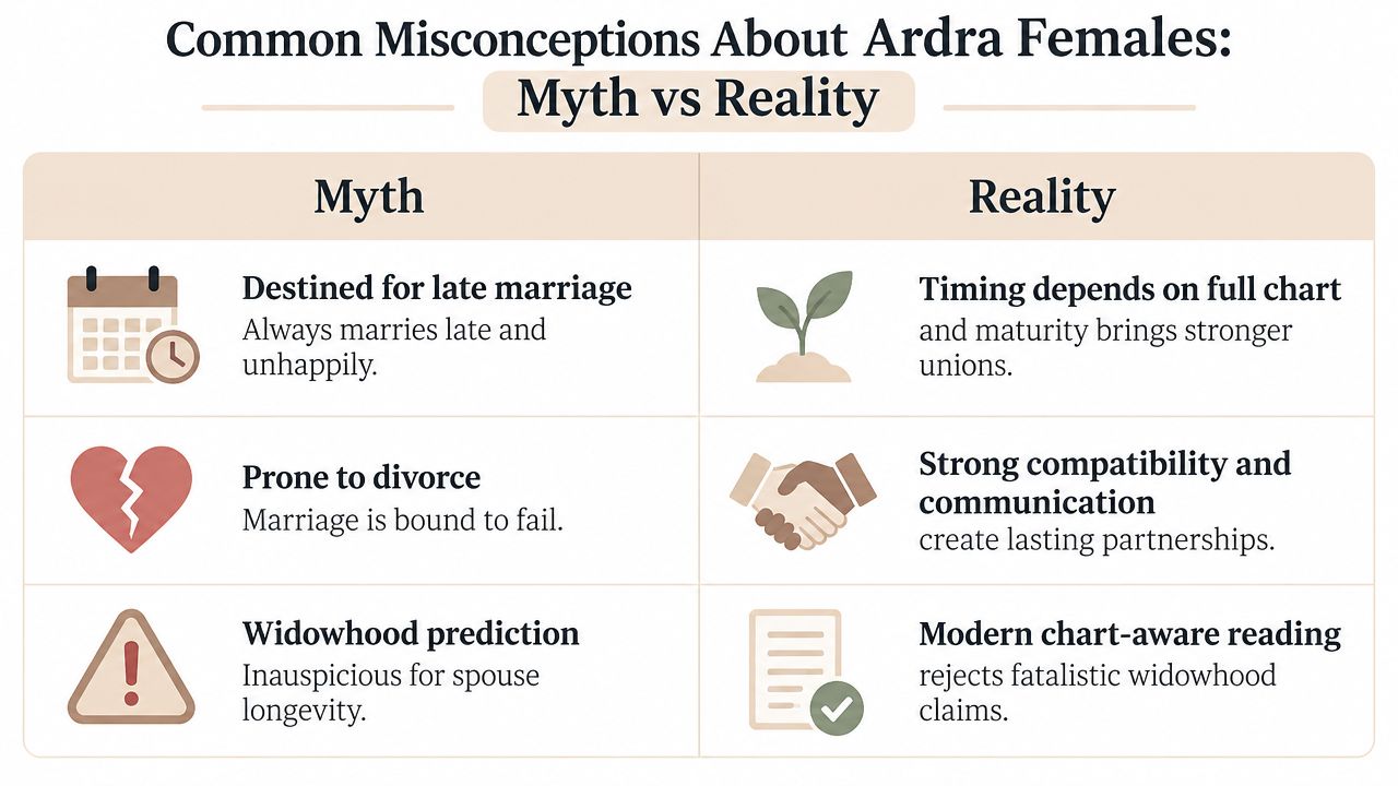 A comparison chart showing common myths and positive realities regarding Ardra Nakshatra females in astrology.